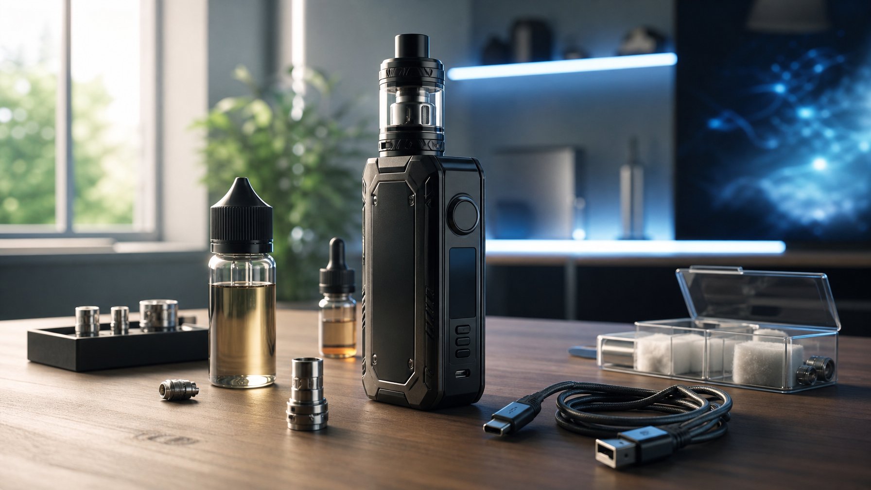 Sebuah perangkat vape box mod besar diletakkan di atas meja kayu dengan aksesori vape di sekitarnya, latar belakang kabur dengan pencahayaan lembut.