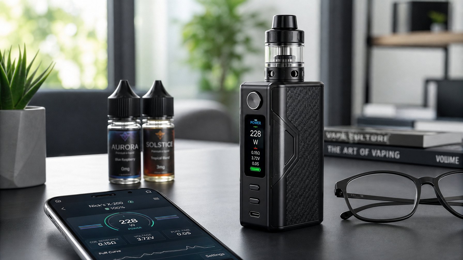 Perangkat vaping besar diletakkan di atas meja dengan latar belakang ruangan modern dan elemen pendukung seperti botol cairan vape dan smartphone.