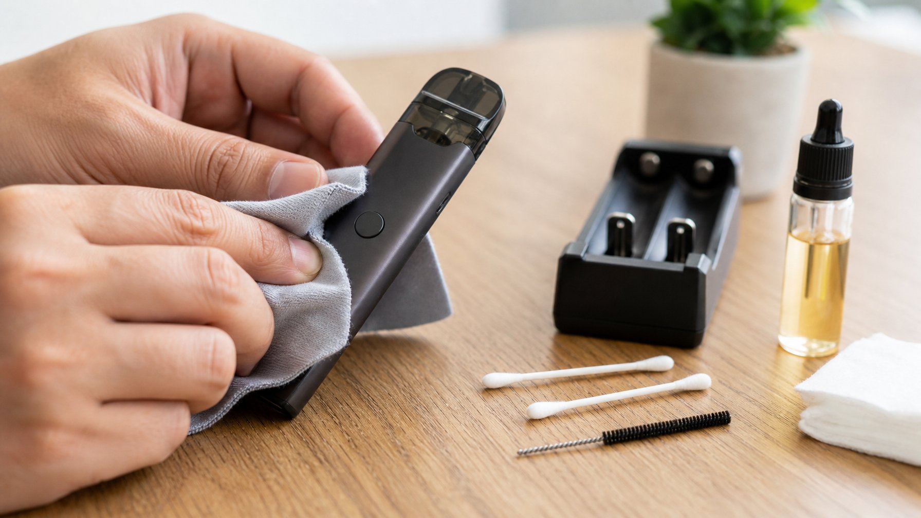 Tangan seseorang sedang membersihkan perangkat vape pod system di atas meja dengan alat pembersih kecil dan kain.