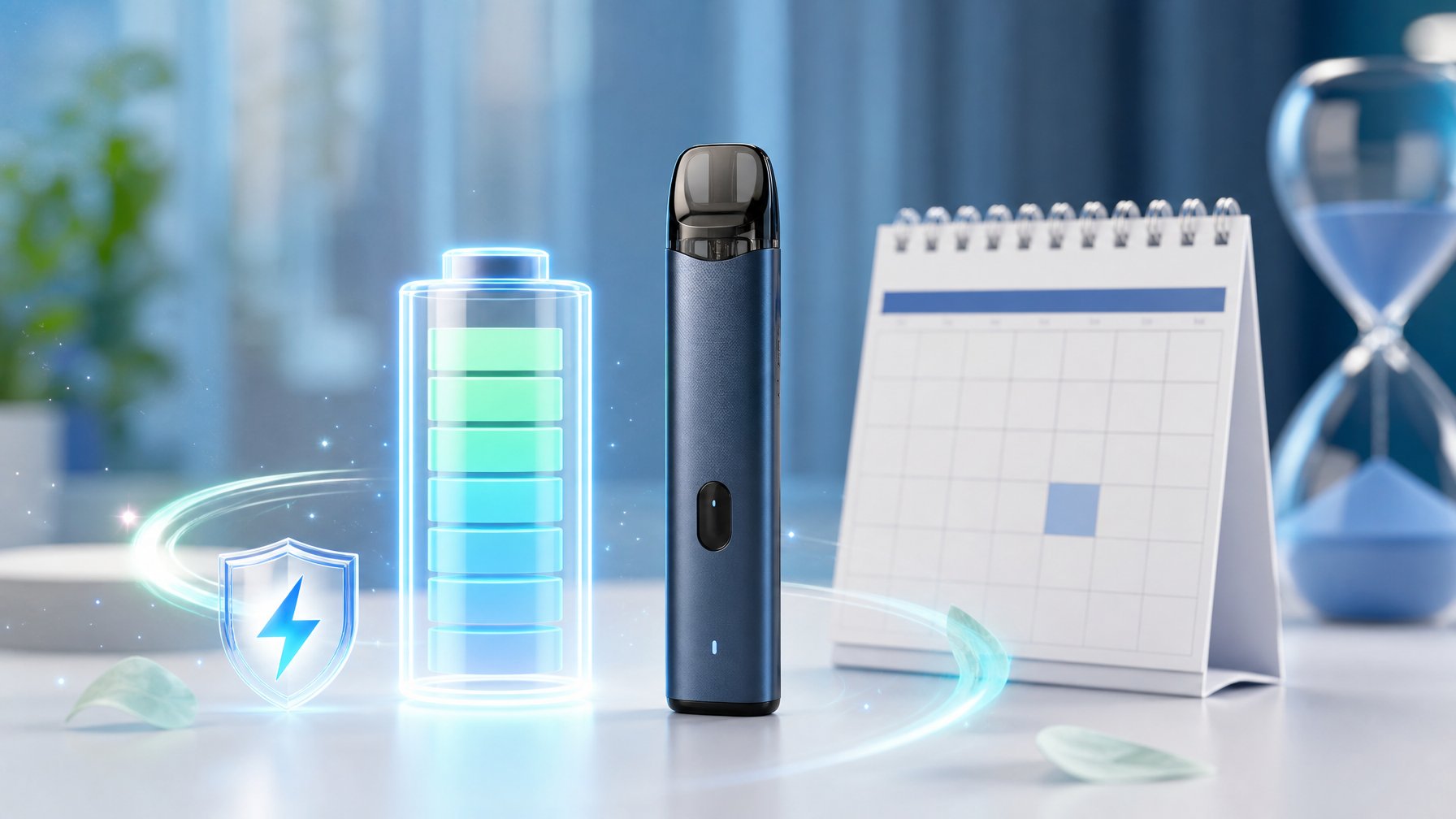 Perangkat vape pod modern diletakkan di atas permukaan putih dengan ikon baterai dan kalender tahun 2026 di latar belakang.