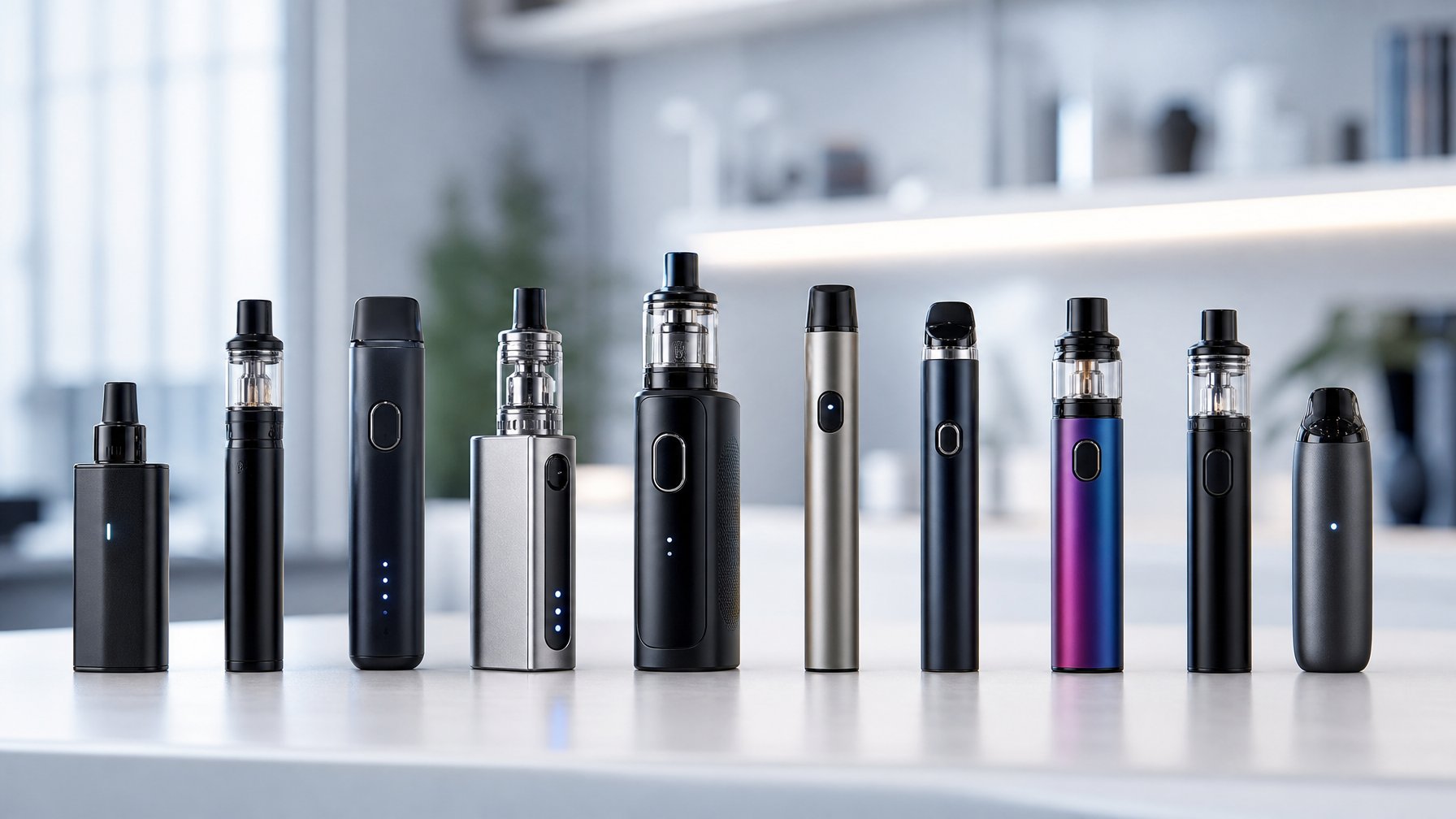 Beberapa perangkat vape modern dan ringkas yang tersusun rapi di atas permukaan putih dengan latar belakang buram.