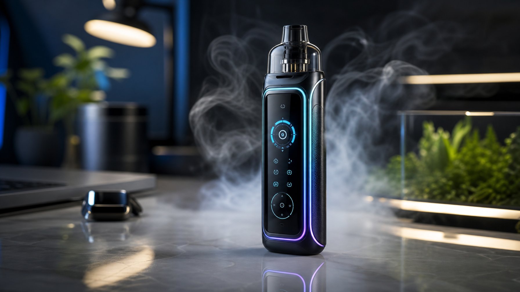 Perangkat vape modern dengan desain futuristik diletakkan di atas permukaan bersih dengan uap tipis di sekitarnya.