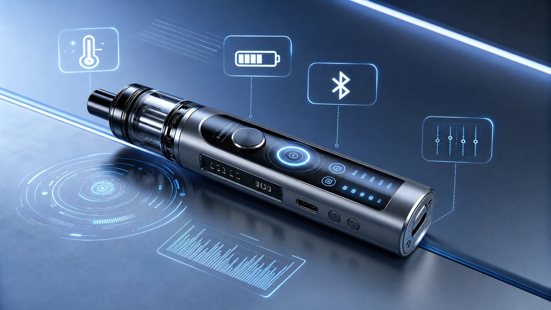 Perangkat vape modern dengan desain futuristik dan layar digital, diletakkan di atas permukaan bersih dengan latar belakang minimalis berwarna biru dan perak.