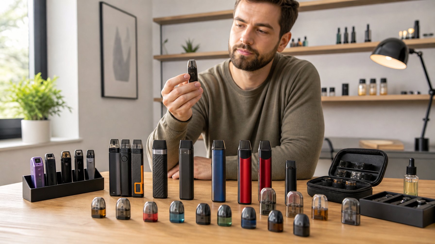 Meja kerja dengan berbagai vape pod dan aksesori vaping, seseorang sedang memeriksa salah satu vape pod dengan latar belakang yang terang.