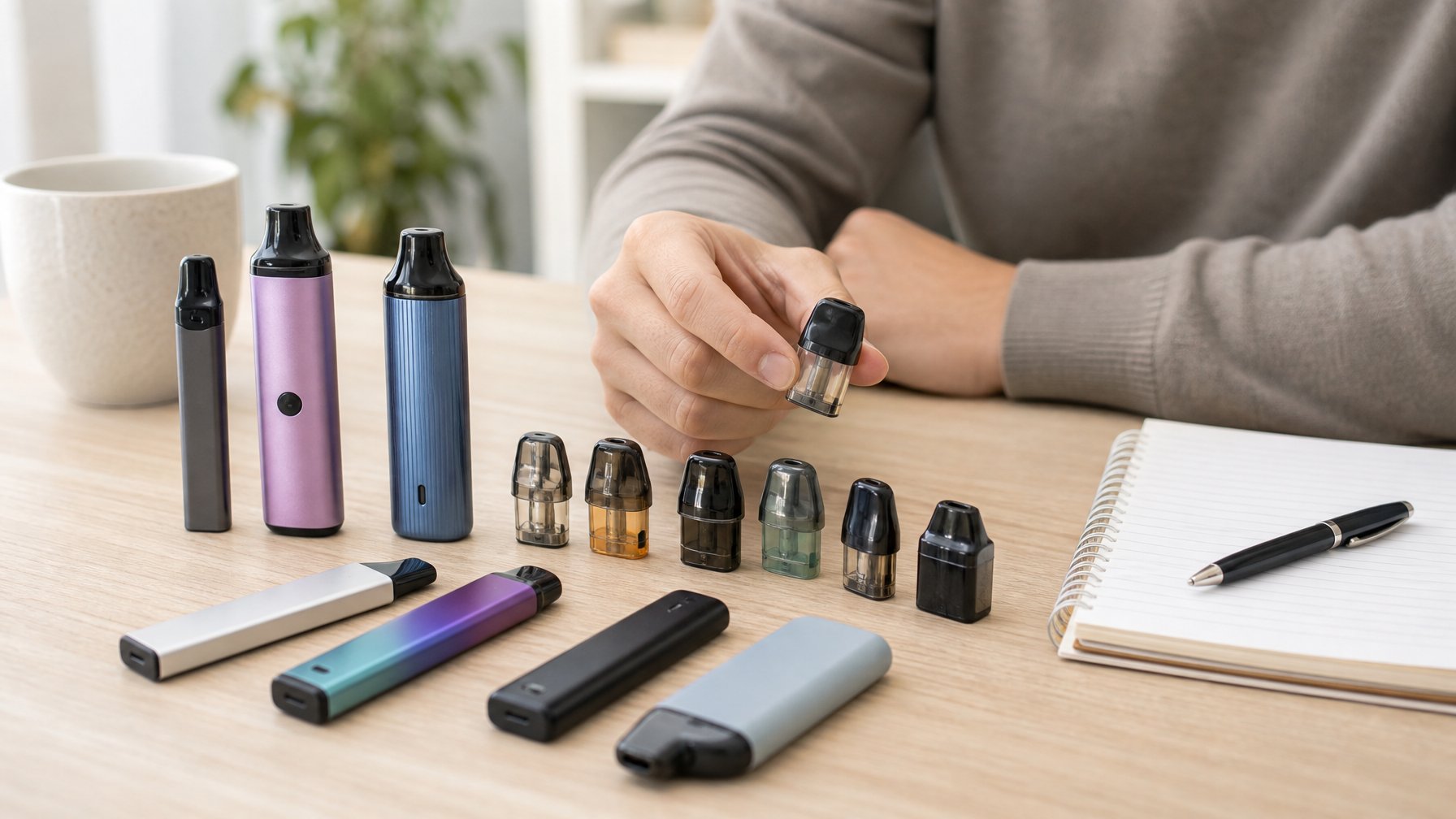 Meja kerja dengan beberapa vape pods dan perangkat vape yang tertata rapi, tangan seseorang sedang memilih salah satu vape pod.