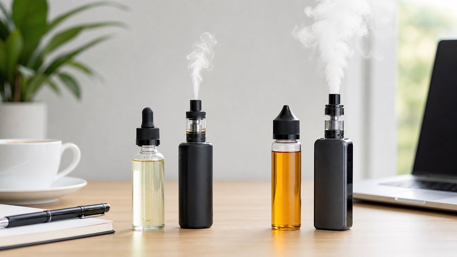 Dua botol cairan vape dengan alat vaporizer di atas meja, satu mengeluarkan uap kecil dan satu lagi uap lebih besar, dikelilingi oleh benda sehari-hari seperti buku catatan dan cangkir kopi.