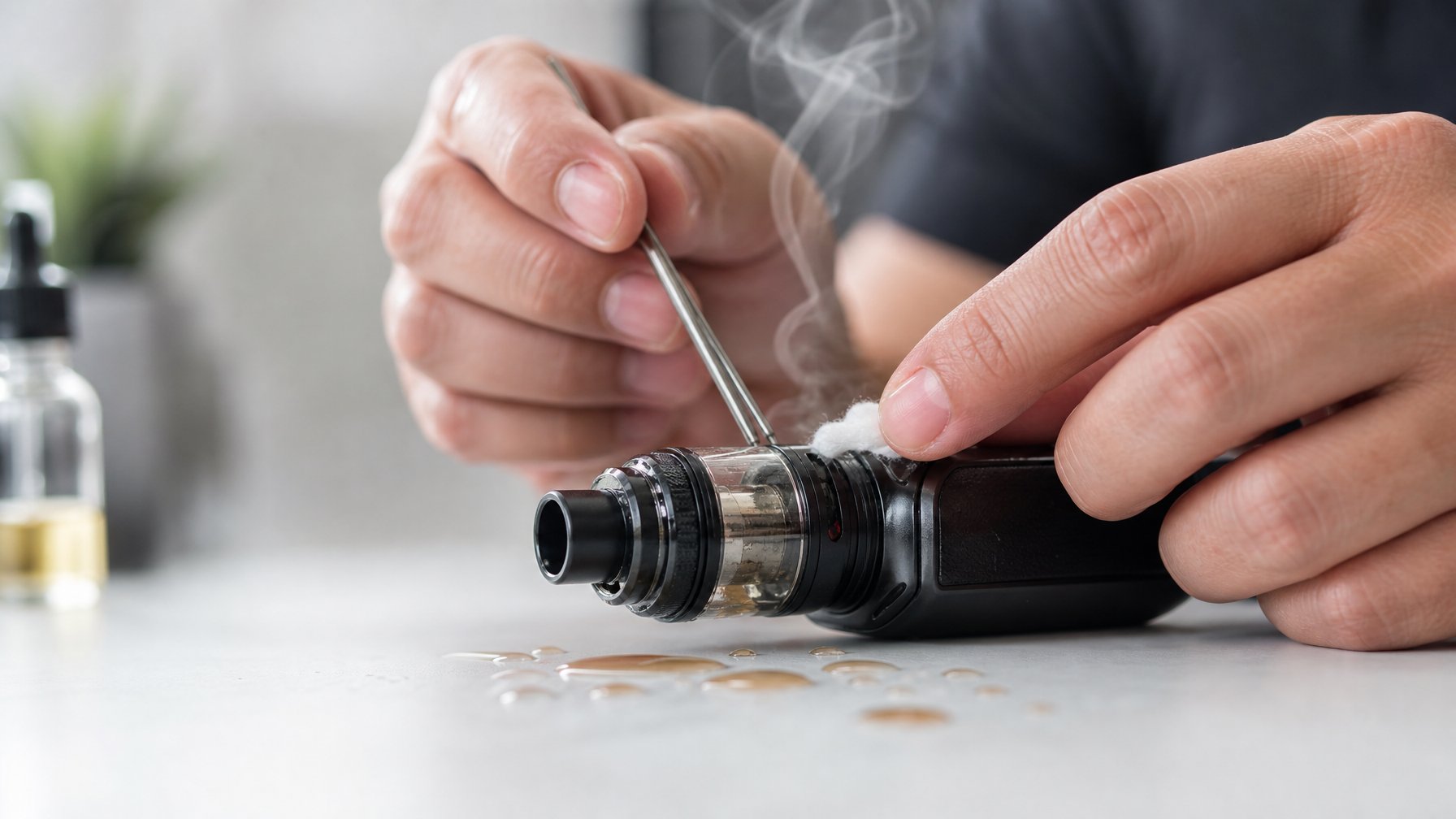 Gambar close-up perangkat vape modern dengan tetesan cairan dan uap di sekitarnya, serta tangan yang memegang alat kecil untuk memperbaiki masalah vape.