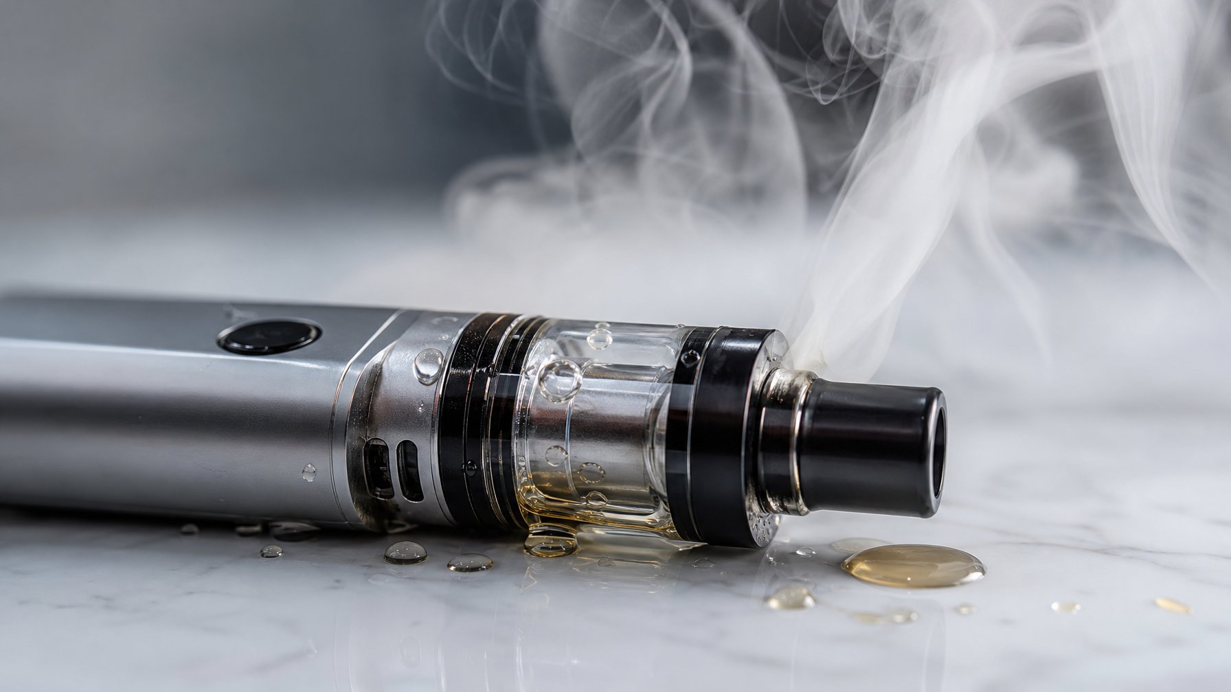 Foto close-up sebuah perangkat vape modern dengan uap kecil dan tetesan cairan di sekitarnya.