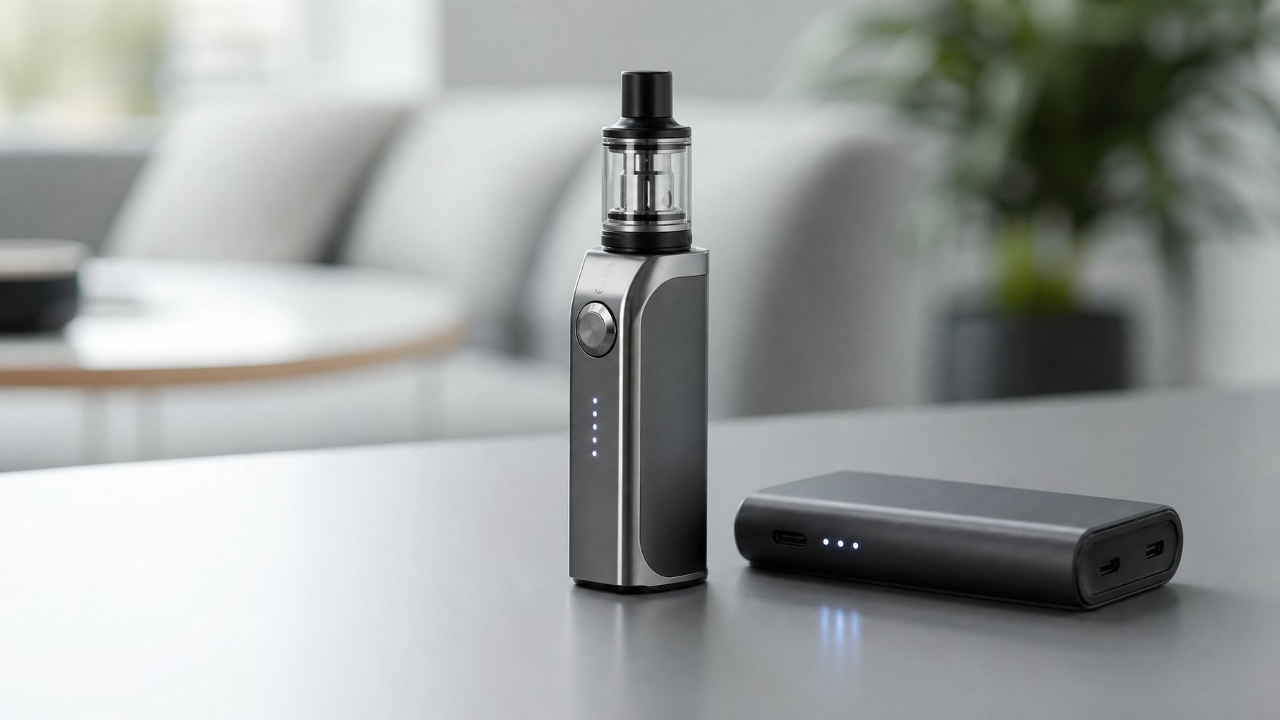 Perangkat vape kecil dan baterai tahan lama diletakkan di atas permukaan bersih dengan latar belakang buram.