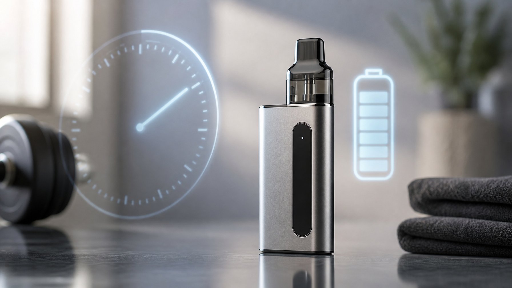 Sebuah vape kit kecil dan modern diletakkan di atas permukaan bersih dengan pencahayaan lembut, menonjolkan desainnya yang ergonomis dan tahan lama.