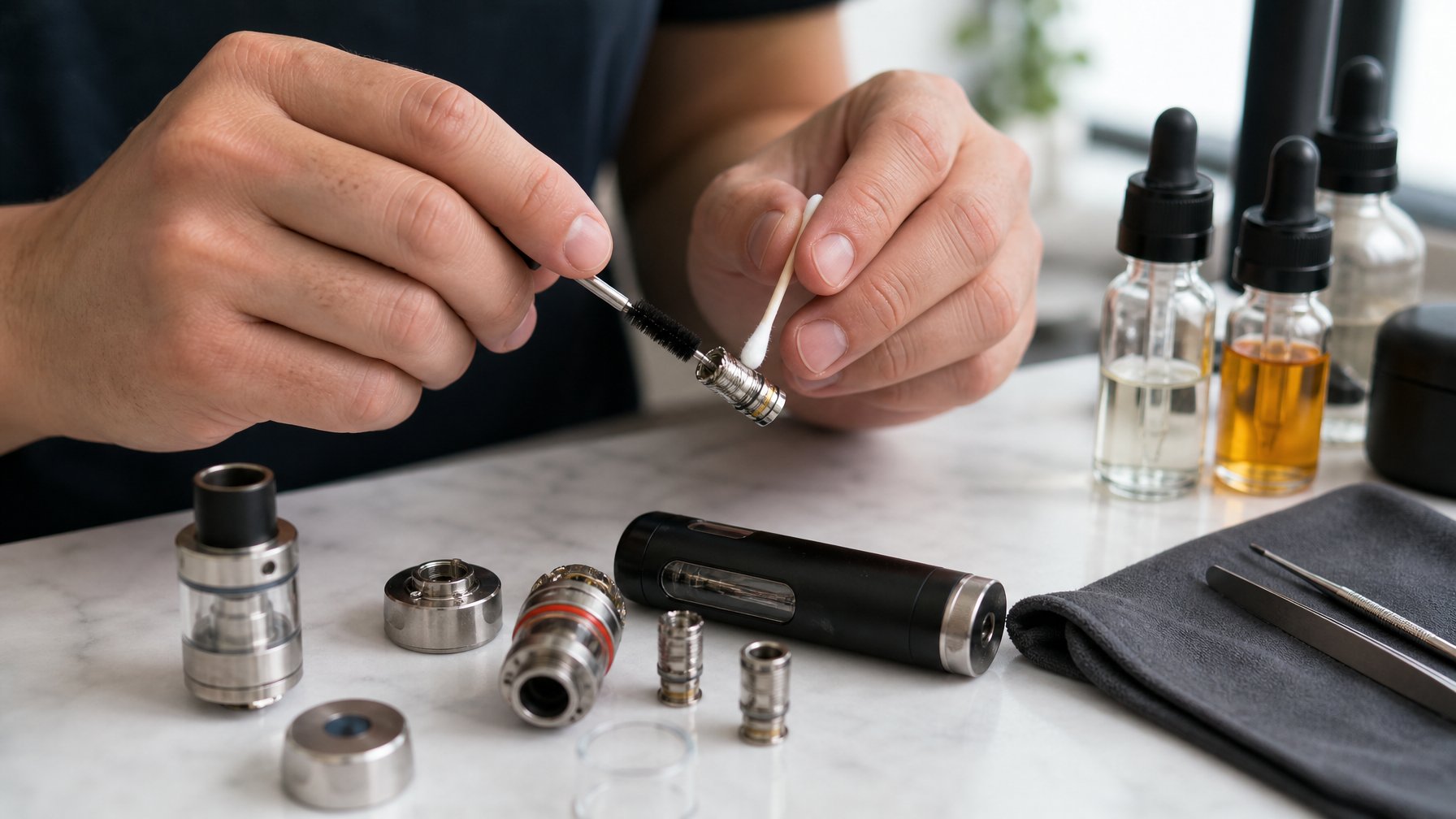 Tangan seseorang sedang membersihkan coil vape dengan sikat kecil di atas meja kerja yang bersih.