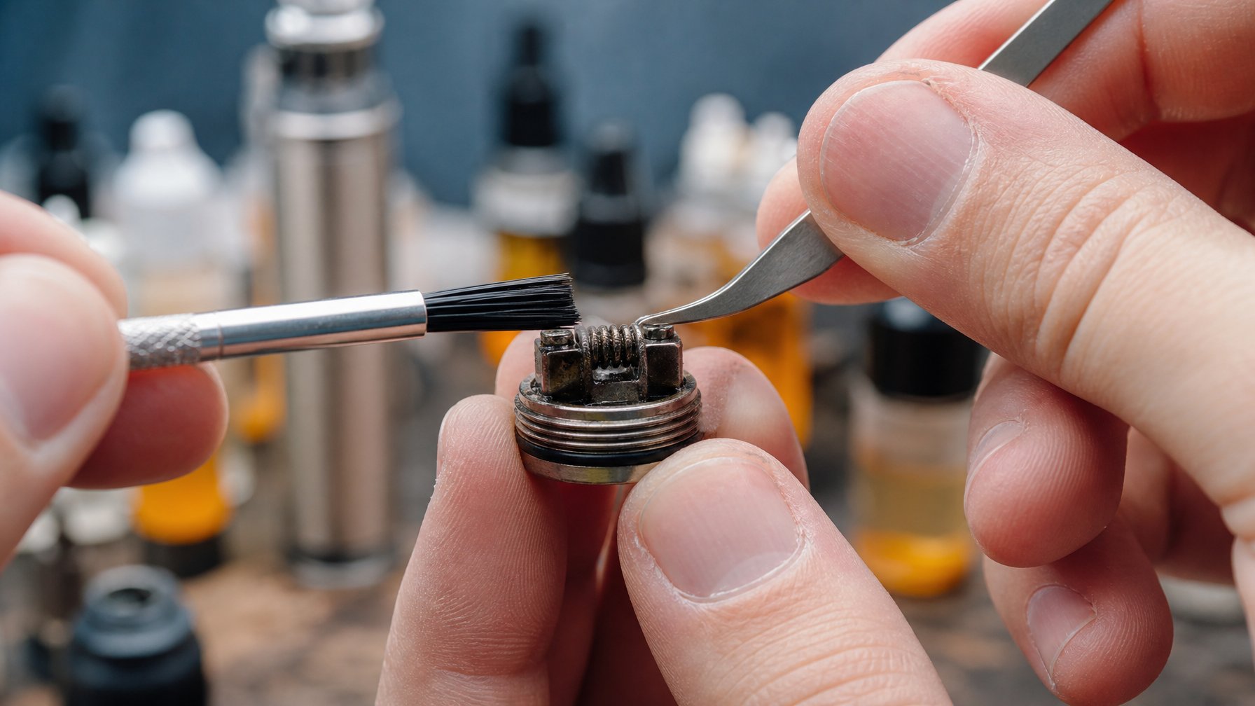 Tangan seseorang sedang membersihkan coil vape dengan alat kecil di meja dengan perangkat vape dan botol liquid di latar belakang.