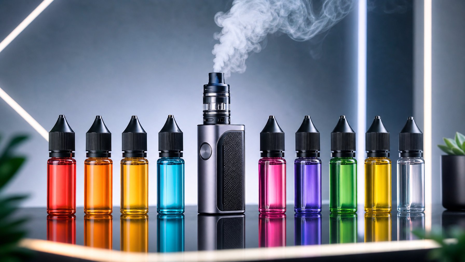 Beberapa botol cairan vape berwarna-warni dan perangkat vape modern dengan uap tipis di atas permukaan reflektif.