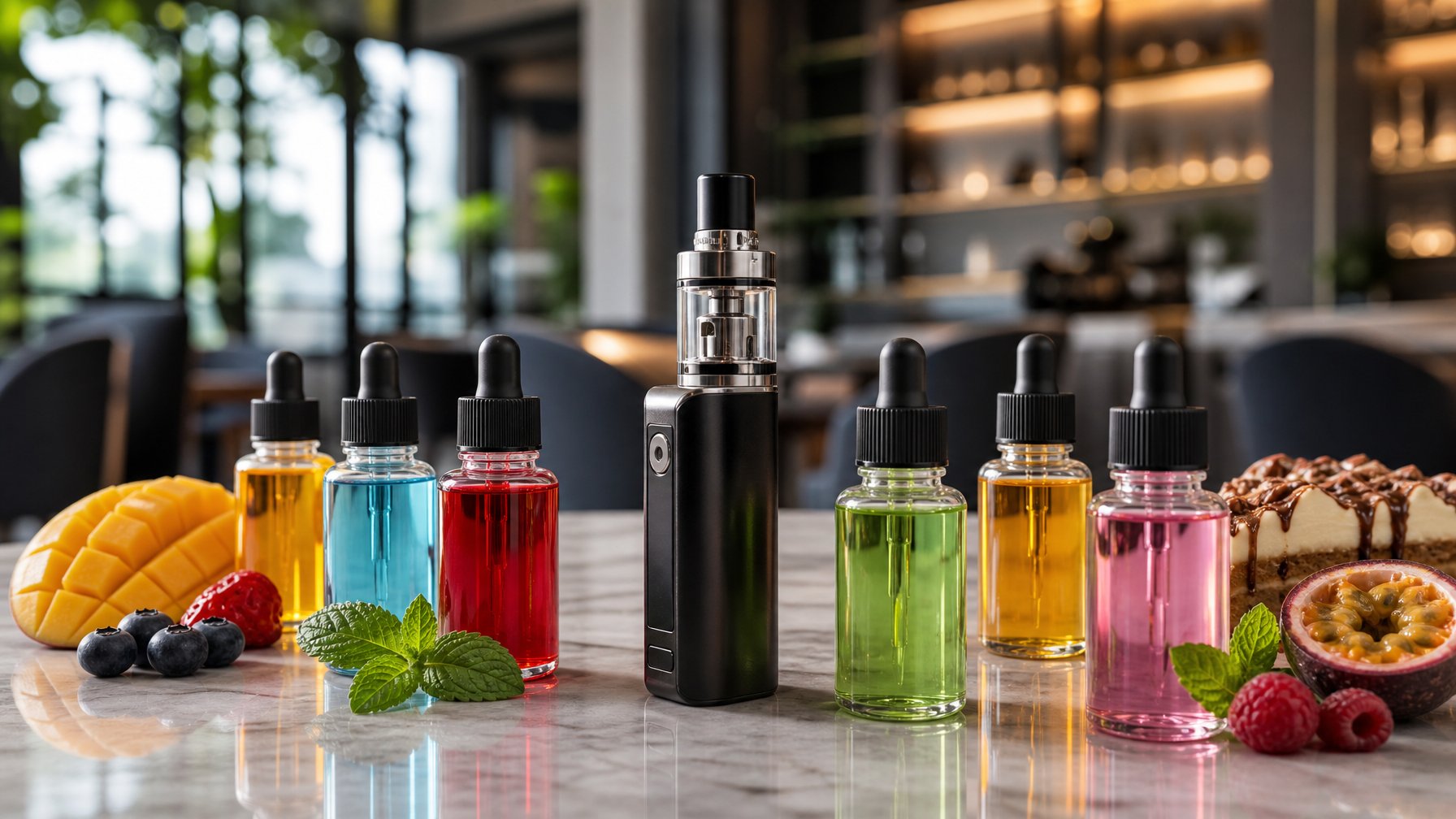 Perangkat vape modern dengan beberapa botol cairan vape berwarna-warni di atas permukaan reflektif dalam suasana kafe yang nyaman.