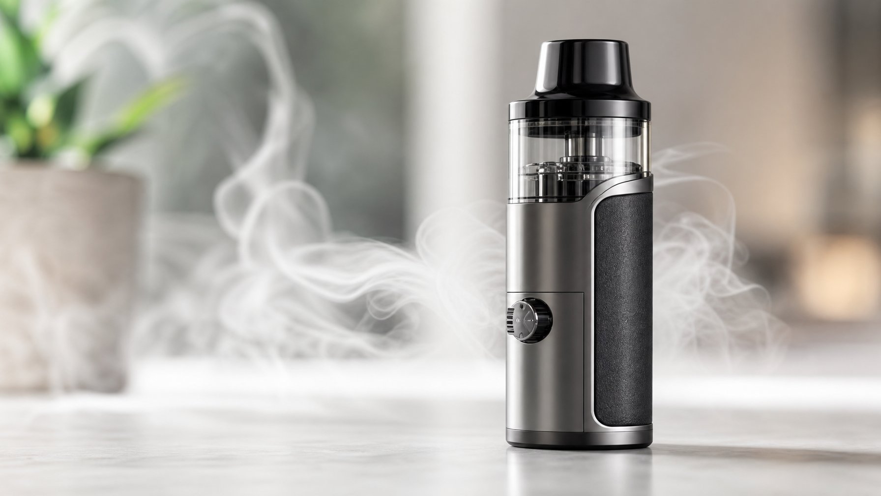 Sebuah vape pod modern dengan pengaturan aliran udara yang dapat disesuaikan, diletakkan di atas permukaan bersih dengan uap tipis di sekitarnya.