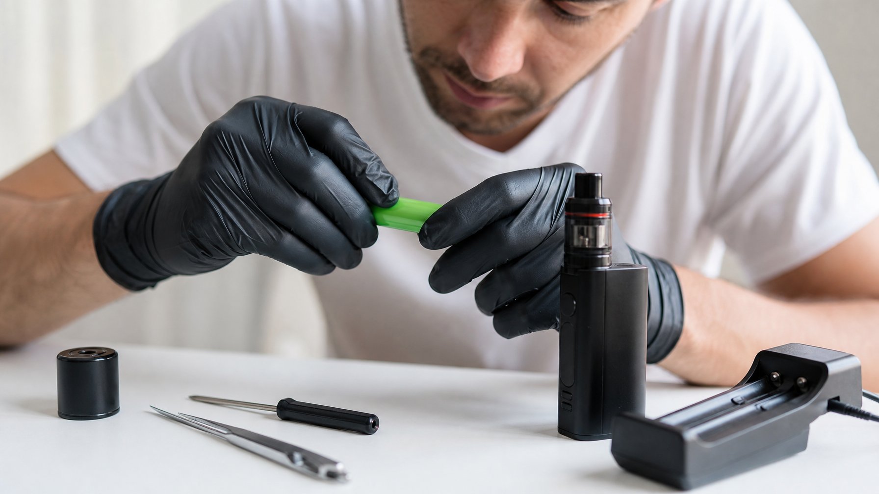 Seseorang sedang memeriksa baterai vape dengan hati-hati menggunakan sarung tangan pelindung di atas meja bersih.