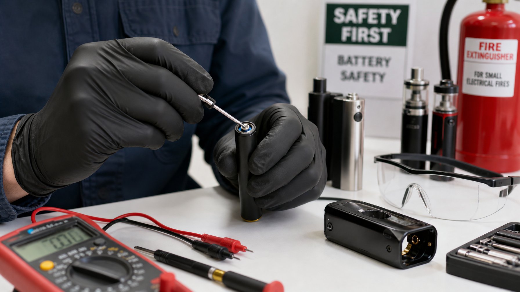 Tangan seseorang sedang memegang baterai vape dengan alat dan peralatan keselamatan di meja kerja.