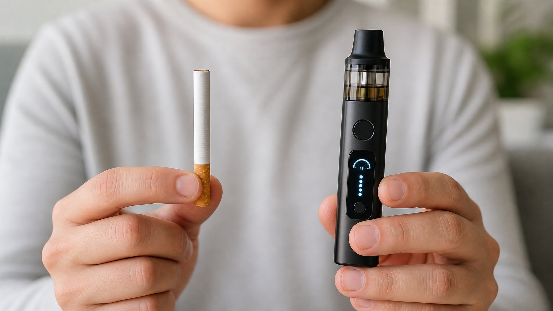 Tangan memegang rokok konvensional di satu sisi dan perangkat vape modern di sisi lain dengan latar belakang ruangan yang tenang.