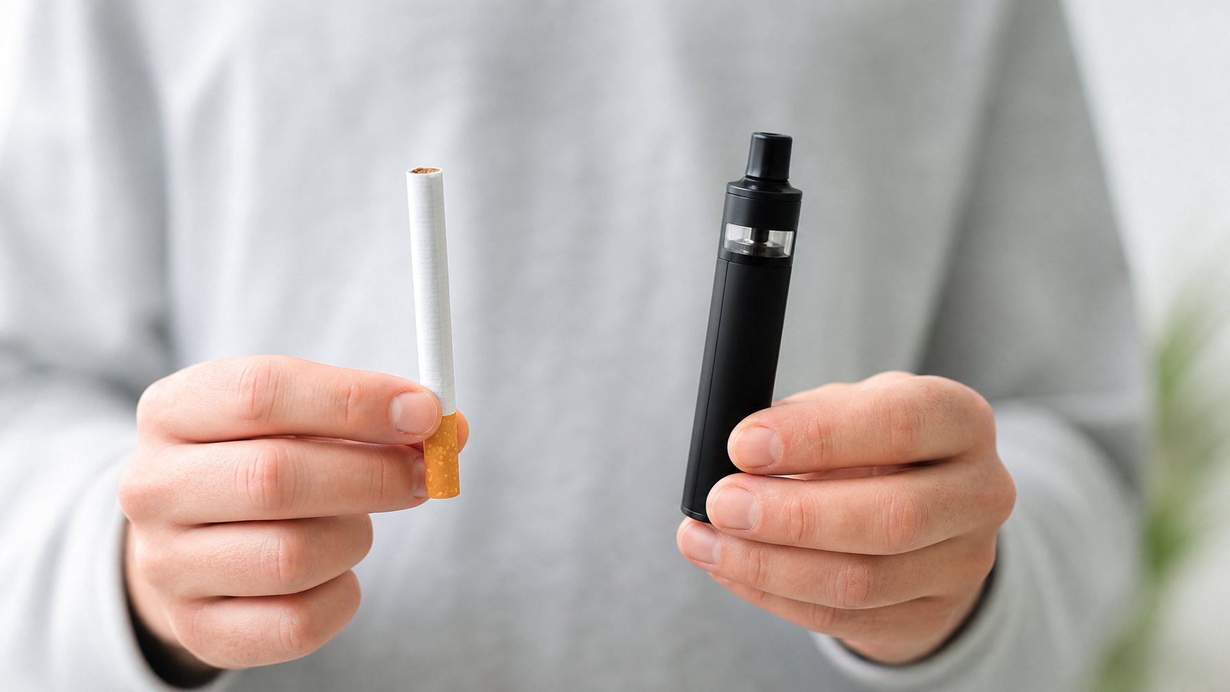 Tangan seseorang memegang rokok konvensional di satu tangan dan perangkat vape di tangan lainnya.