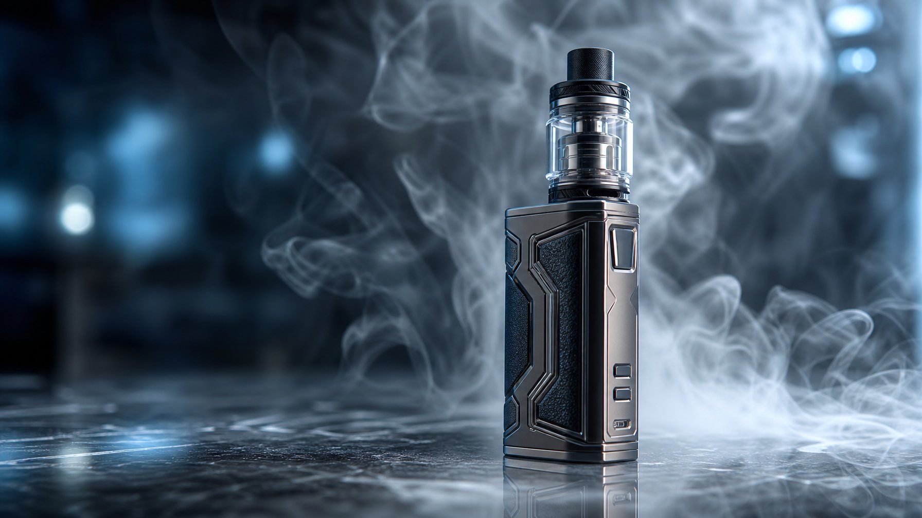 Sebuah perangkat vape mod modern dengan uap tipis di sekitarnya, diletakkan di atas permukaan reflektif dengan latar belakang kabur berwarna biru dan abu-abu.