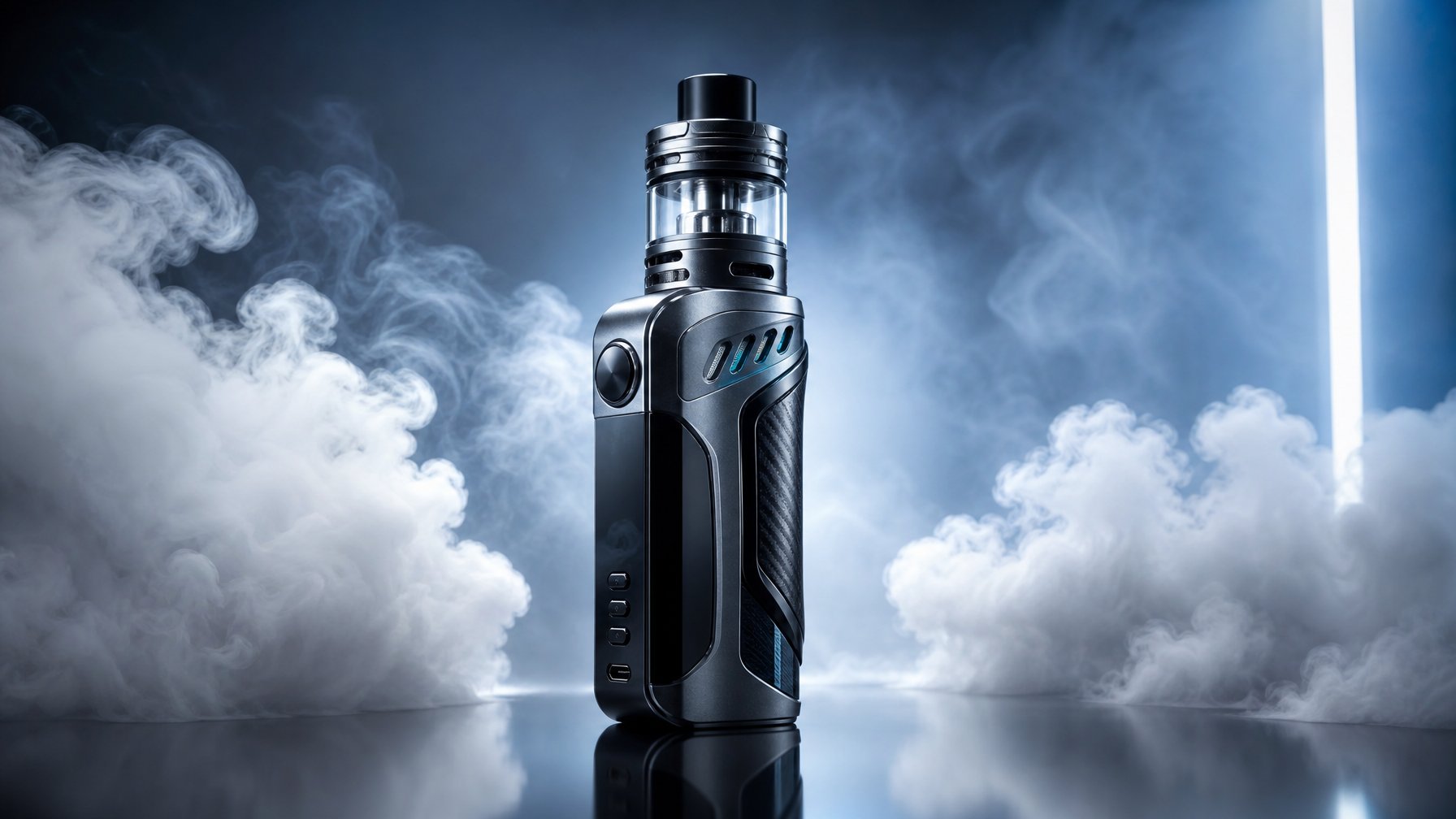 Sebuah mod vape modern dengan uap tebal di latar belakang, diletakkan di atas permukaan reflektif.