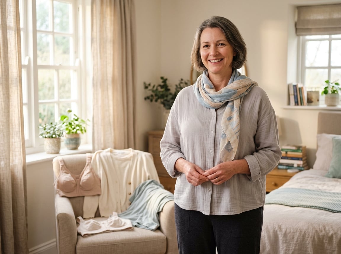 A woman wearing comfortable clothing after a mastectomy, standing in a sunlit bedroom with adaptive clothing items nearby.