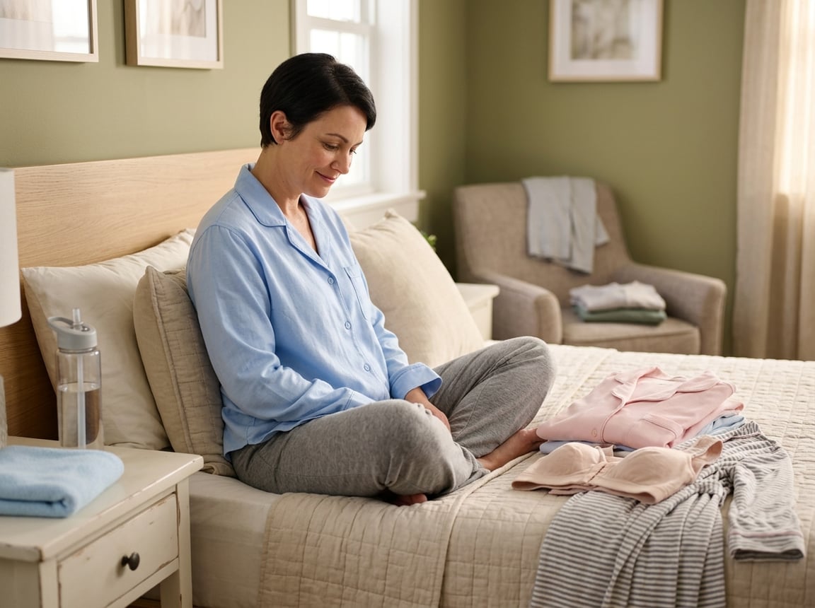 A woman sitting on a bed wearing a loose button-up shirt and lounge pants with comfortable clothing items nearby in a softly decorated bedroom.