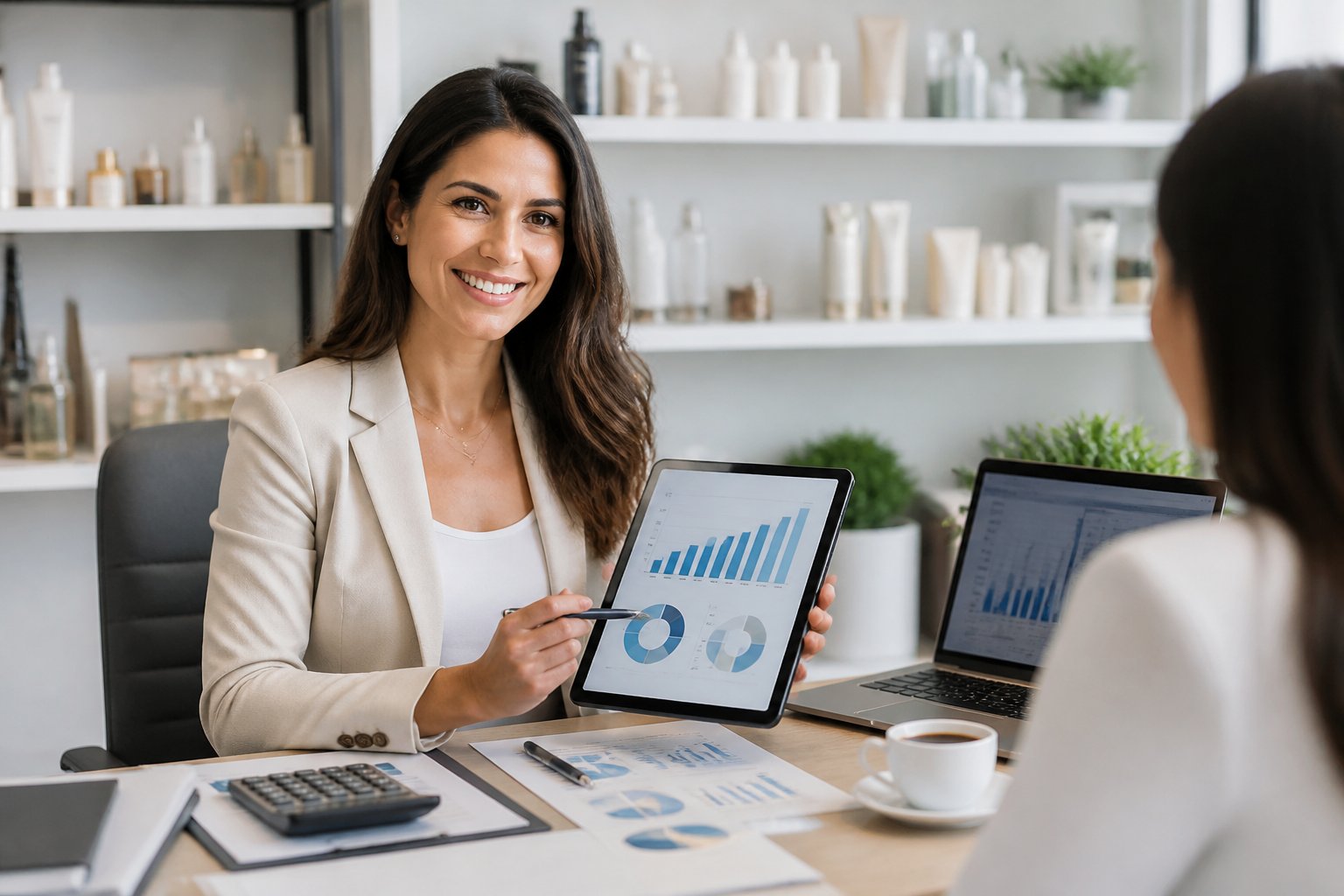 A businesswoman at a desk reviewing sales charts on a tablet in a bright office surrounded by products and financial documents.