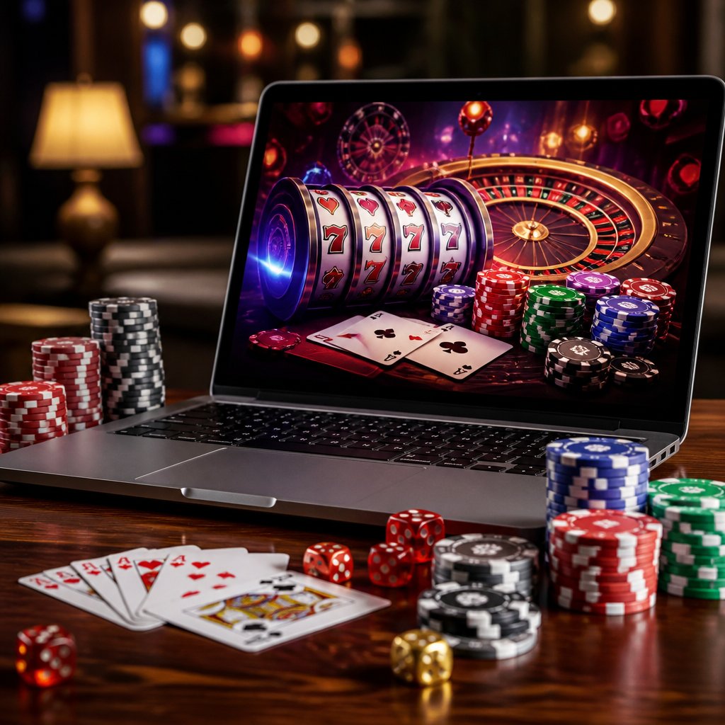 A laptop on a table displaying online casino games surrounded by poker chips, playing cards, and dice.