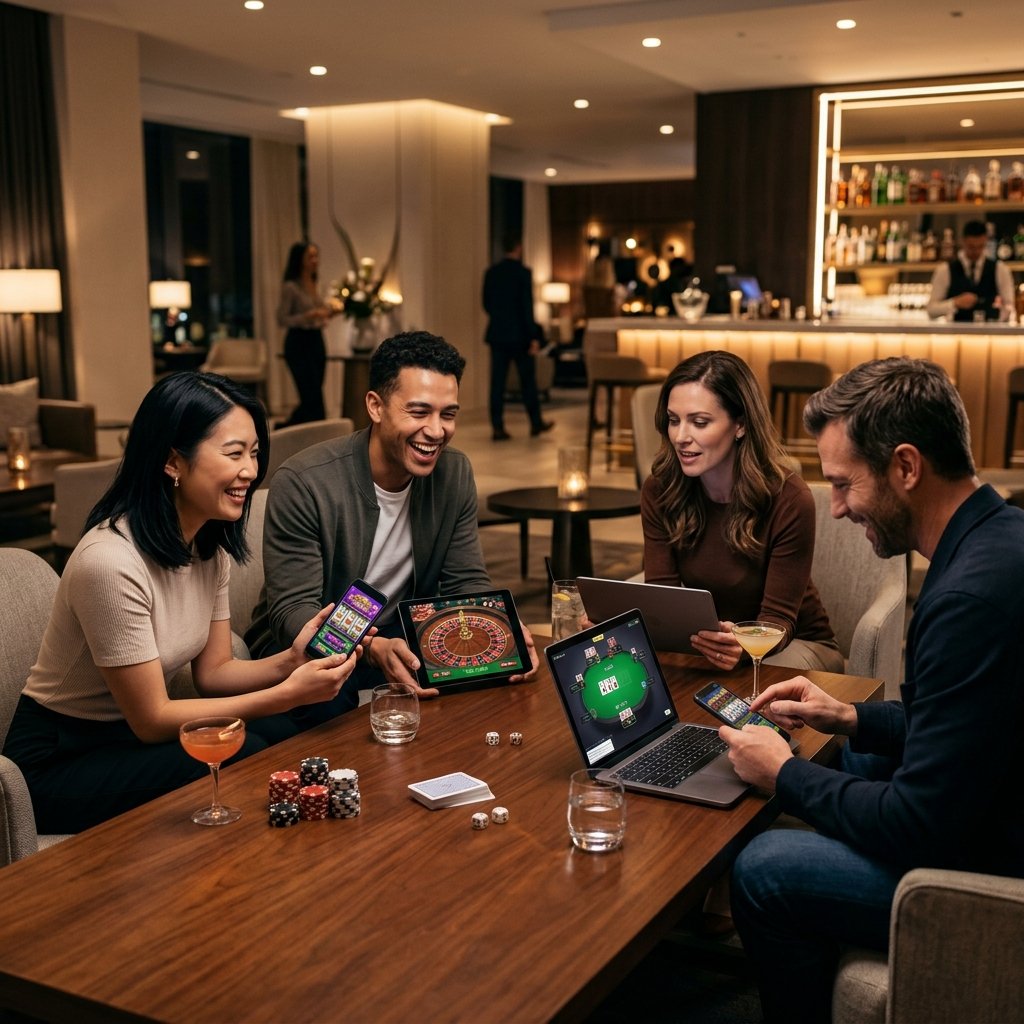 People playing online casino games on laptops, tablets, and smartphones in a stylish, modern room with casino-themed decor.