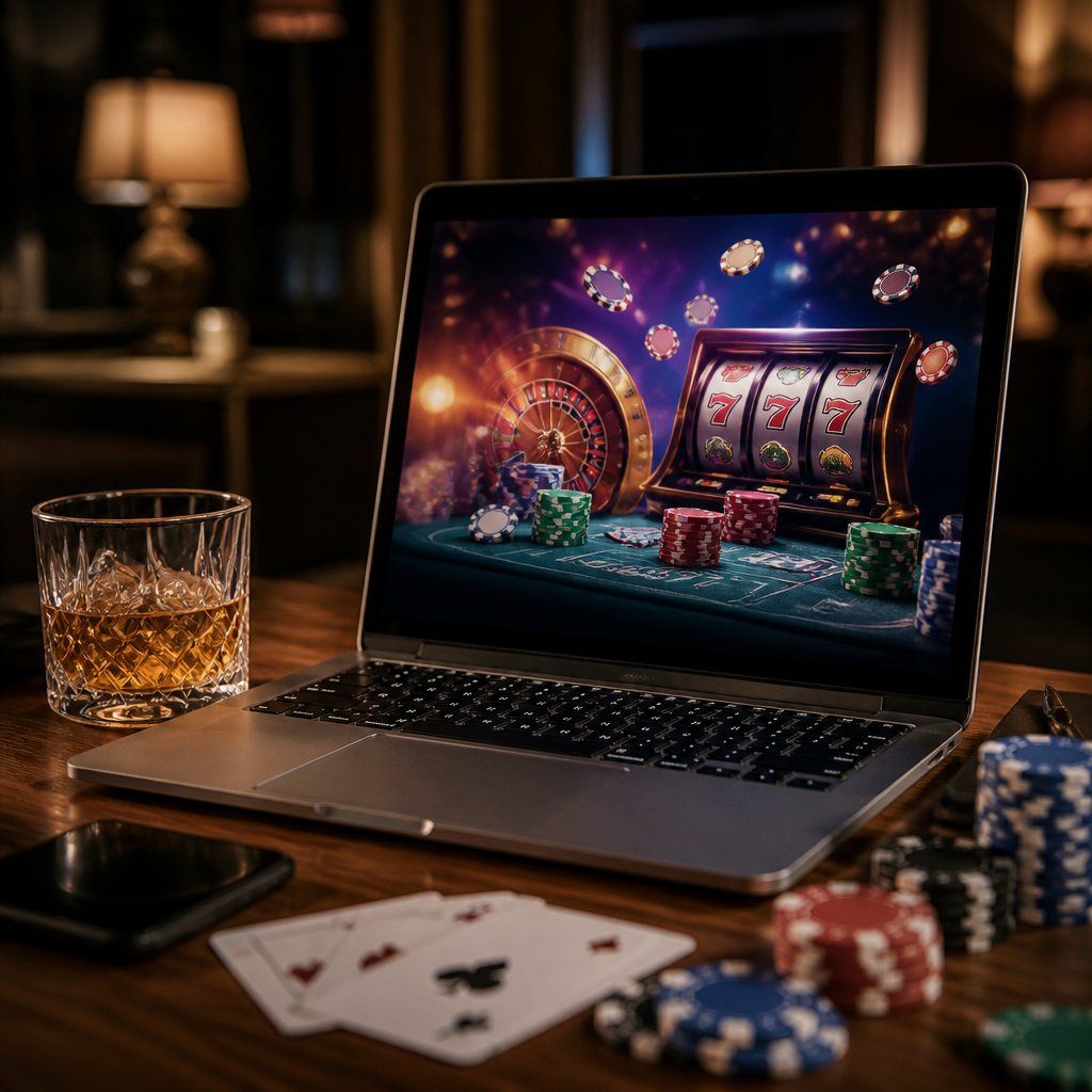 A laptop on a wooden desk showing an online casino interface with poker chips, playing cards, and a glass of whiskey nearby.