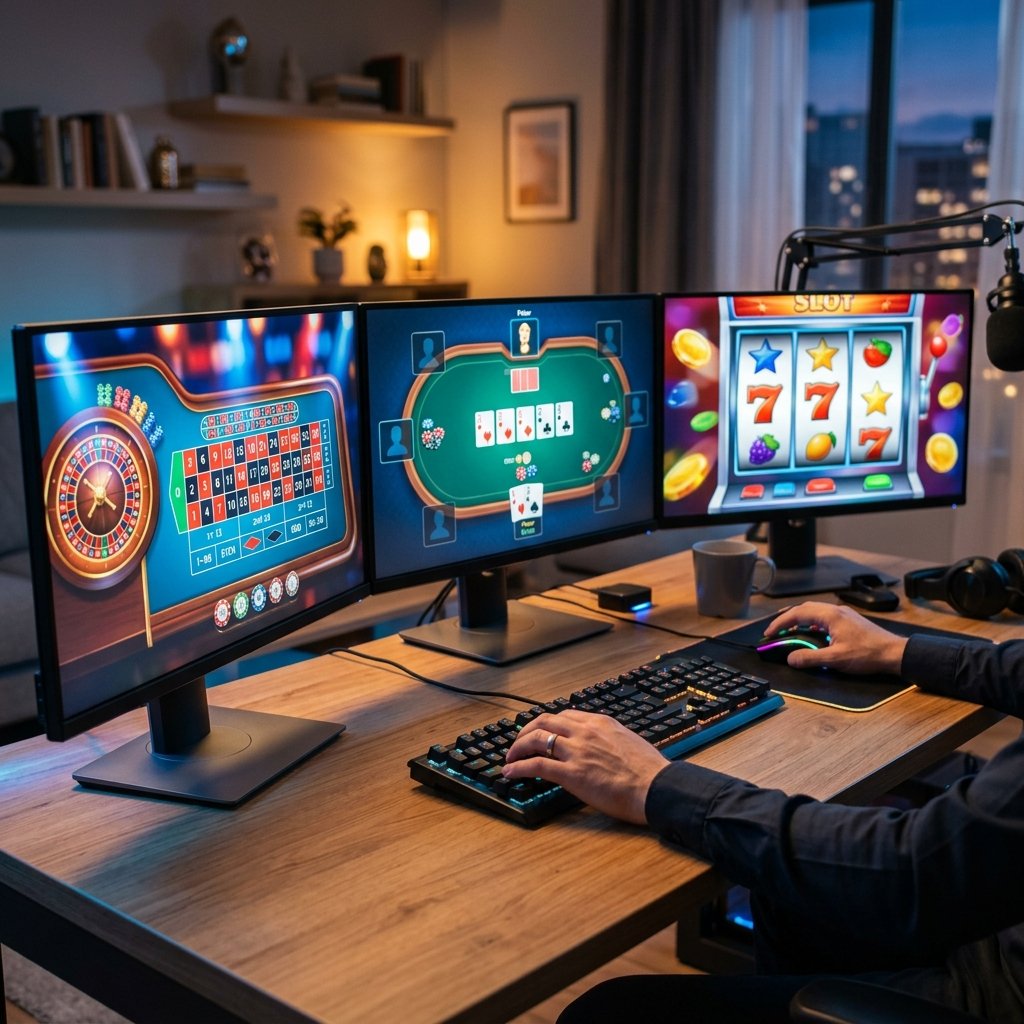 A person playing casino games on a computer with multiple screens showing poker, roulette, and slot machine interfaces.