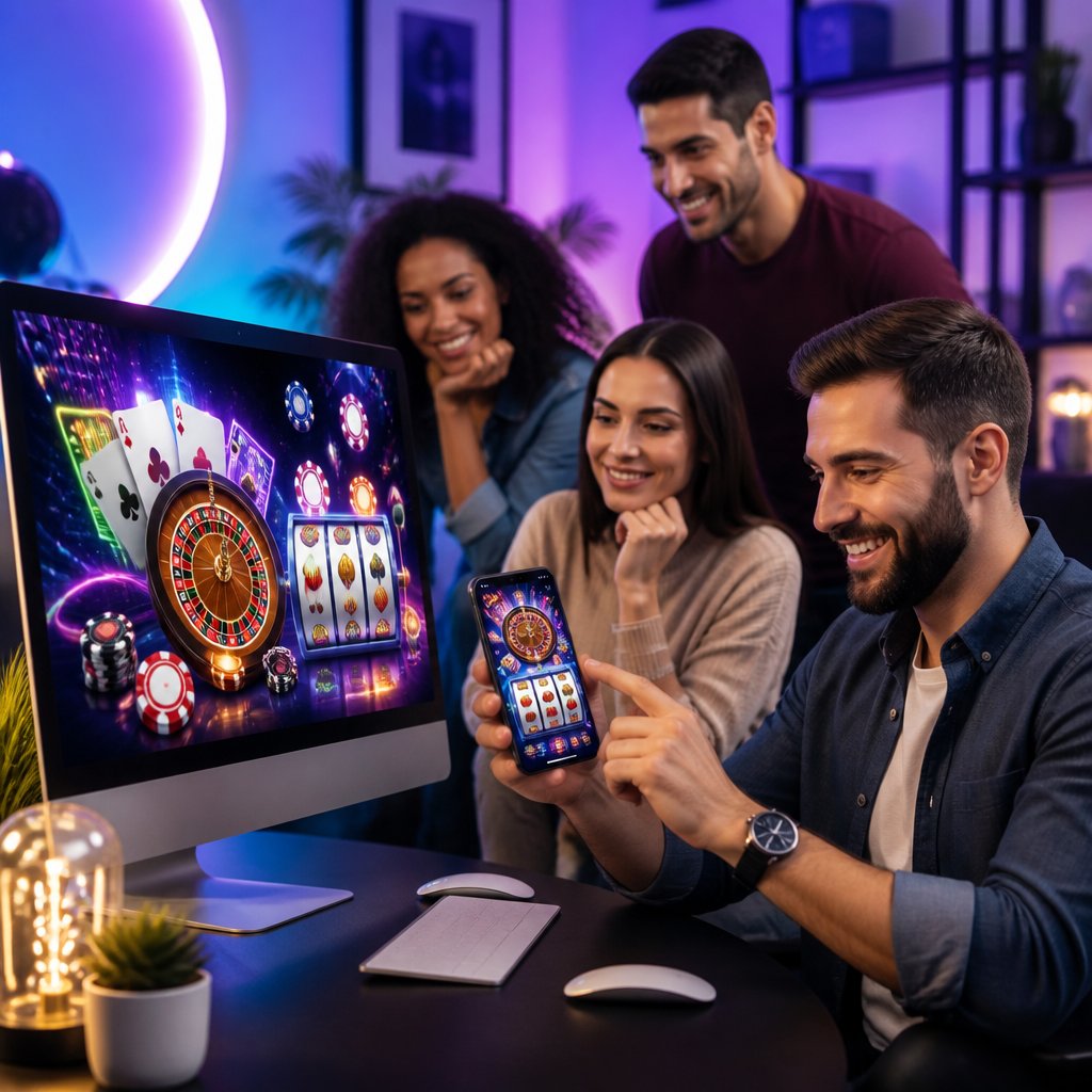 People using computers and smartphones to play online casino games in a modern, well-lit room.
