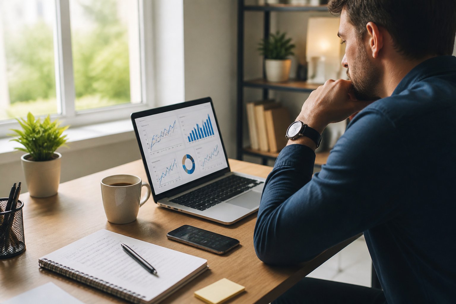 A person at a desk with a laptop, notebook, smartphone, and coffee, focused on working in a bright office space.