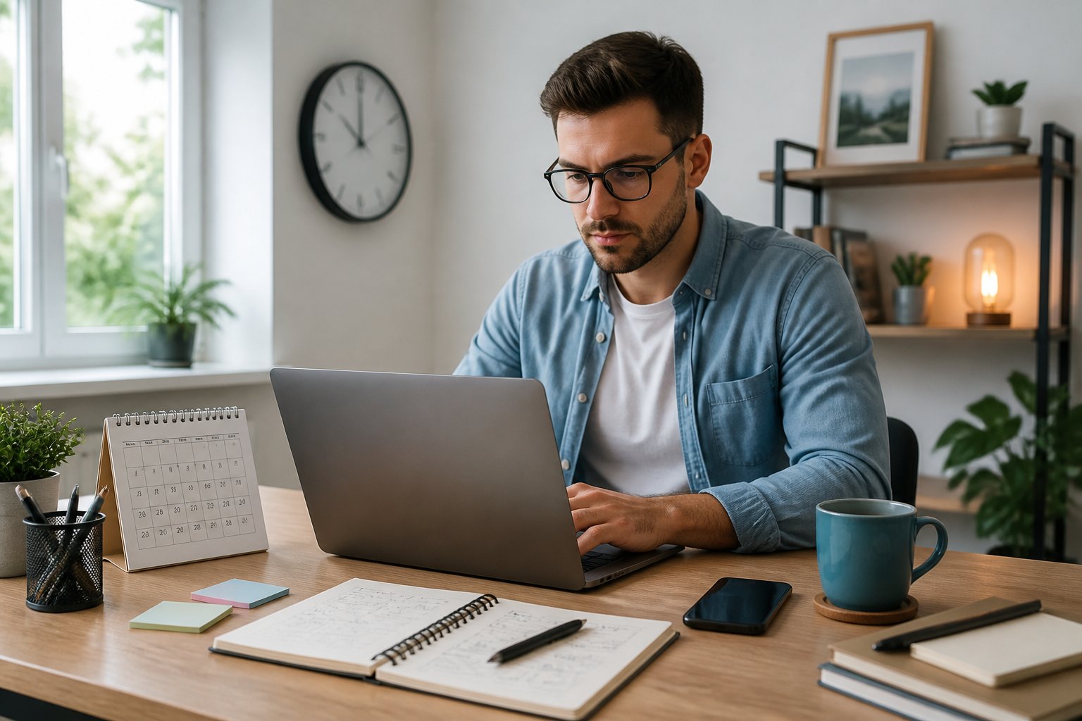 A young person working on a laptop at a desk with a calendar, notebook, smartphone, and coffee in a bright home office.