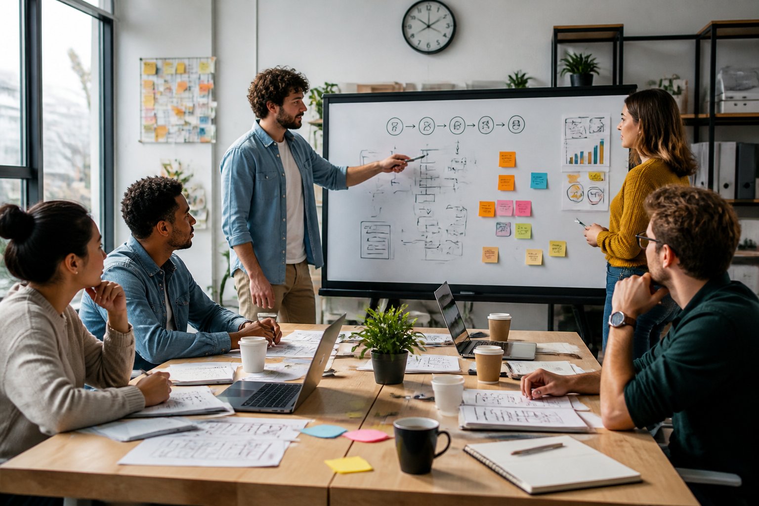 A group of young professionals collaborating around a table with laptops and sketches, discussing development stages in a bright modern office.