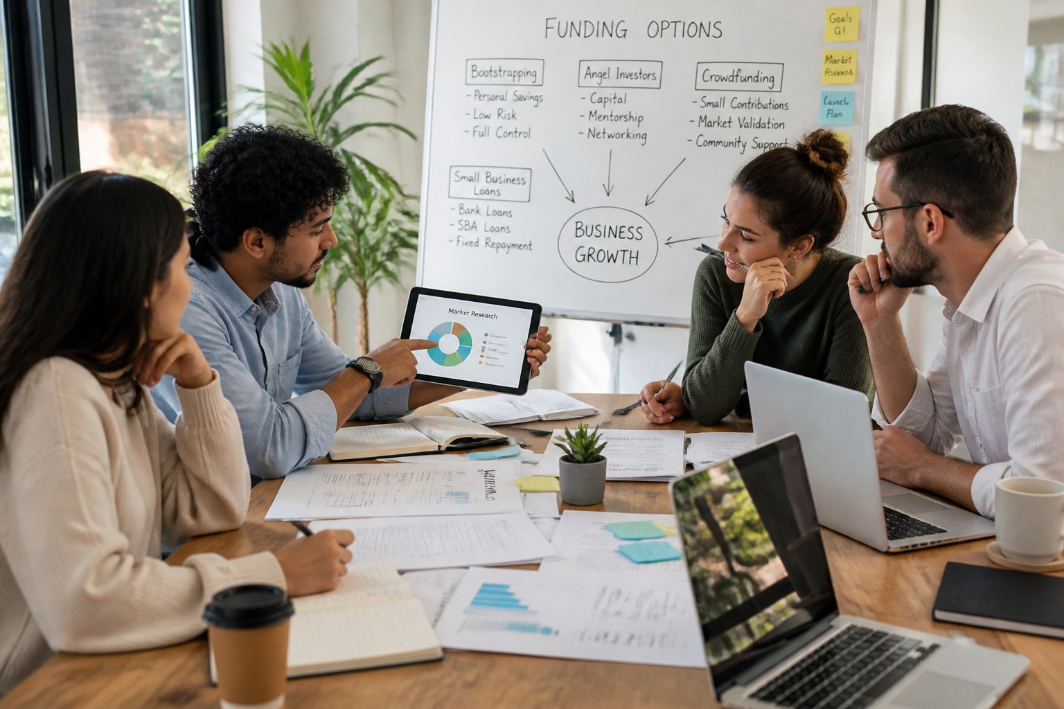 A group of professionals collaborating around a table with laptops, documents, and a tablet showing a market research chart in a bright office.