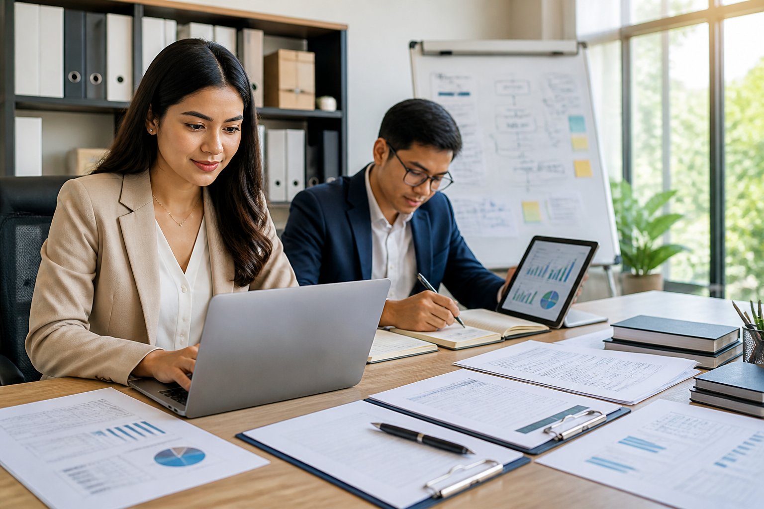 A group of young professionals working together in an office, reviewing documents and using laptops and tablets to set up a side business.