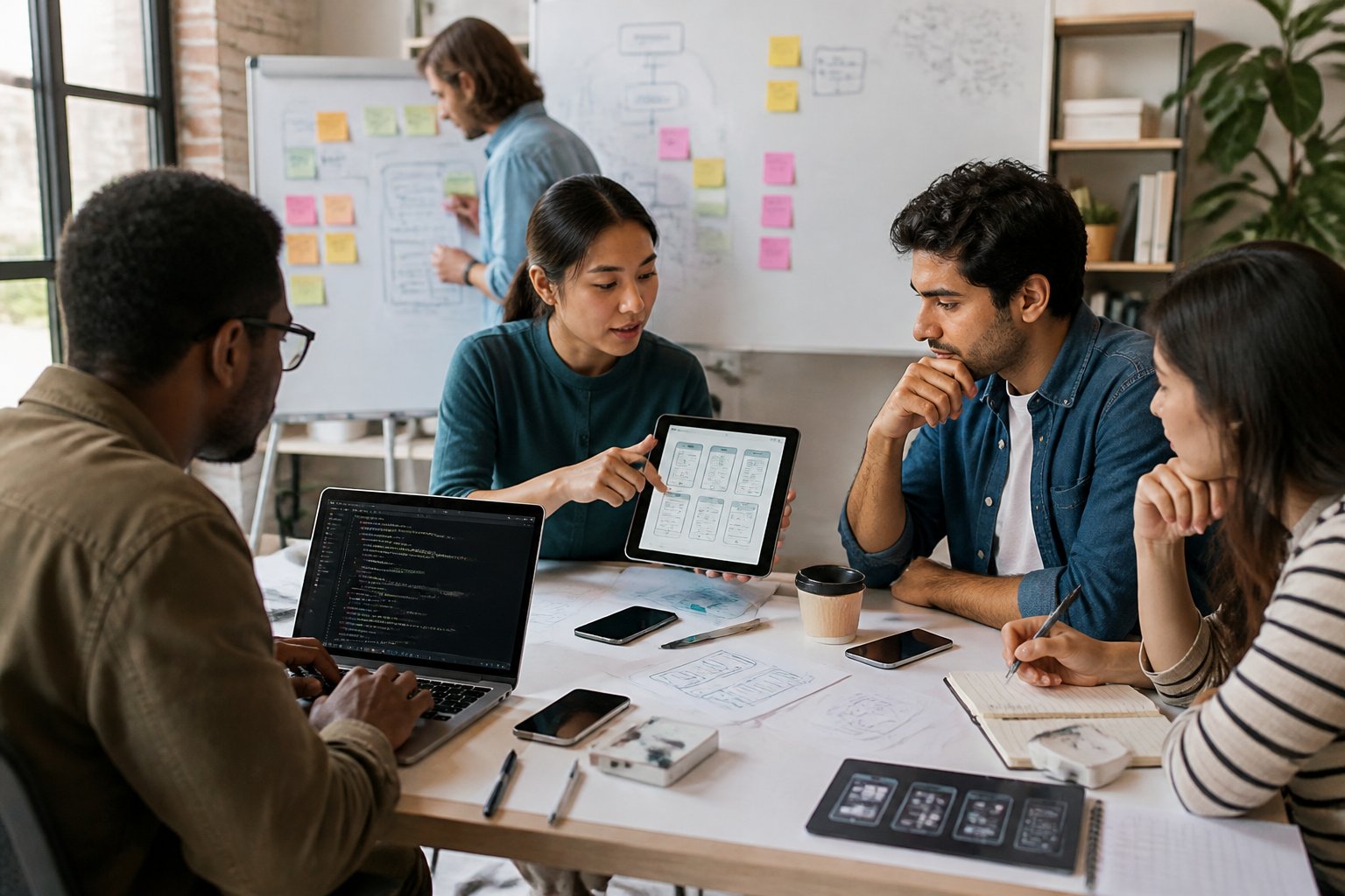 A group of people working together around a table with laptops, tablets, and sketches in a bright office, collaborating on a product prototype.