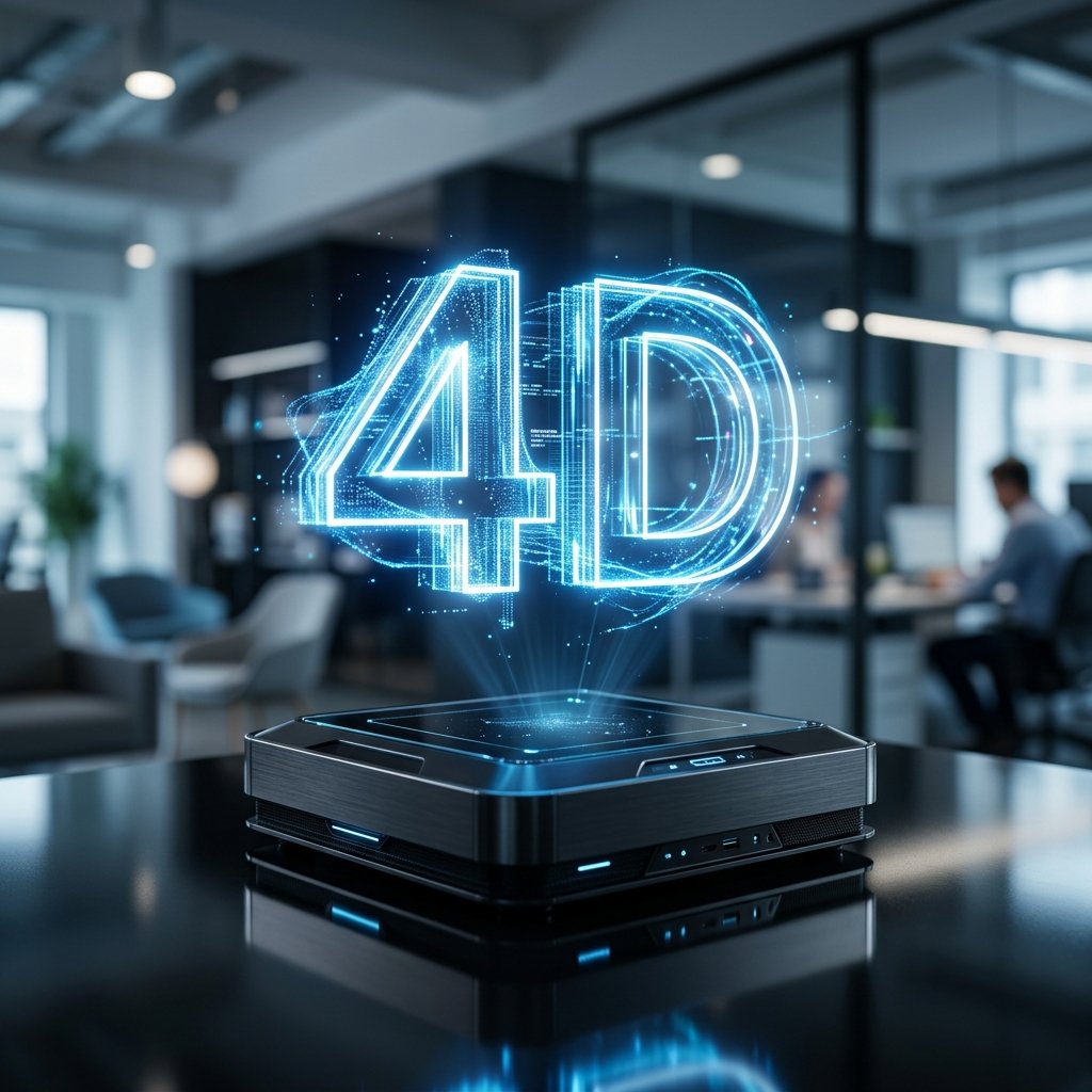 A holographic 3D projection of the text '4D' floating above a sleek surface in a modern office setting.