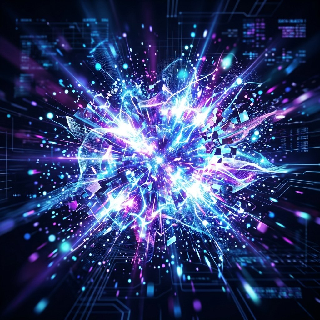 A vibrant and dynamic 4D explosion effect with glowing particles and abstract shapes radiating outward in a dark digital environment.