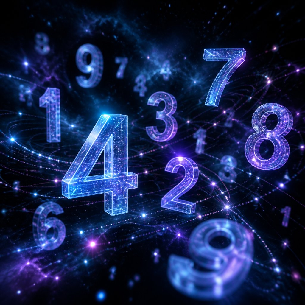 Glowing three-dimensional numbers floating in a dark space with light trails and stars.