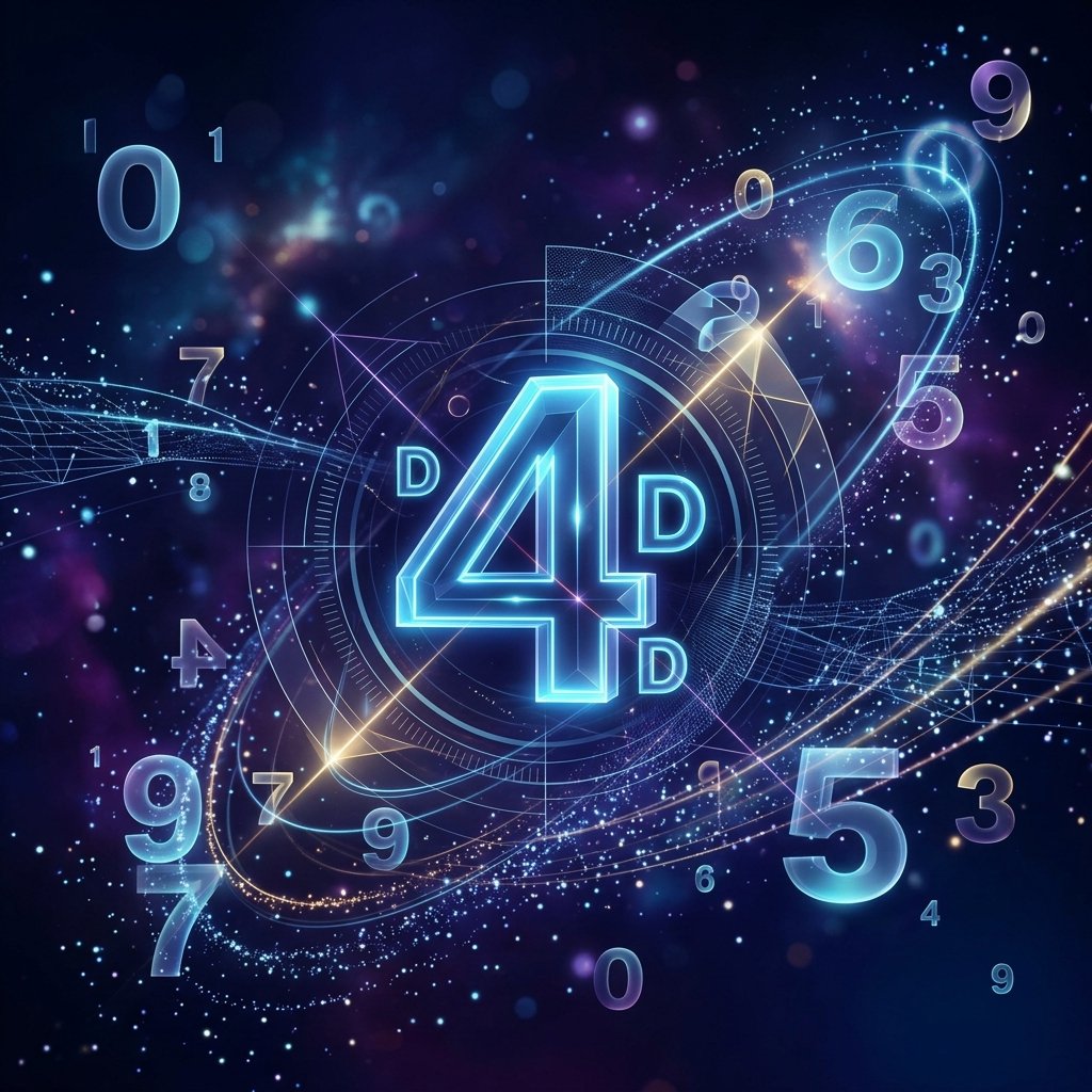 Glowing 3D number 4 surrounded by floating translucent numbers and light trails in a dark abstract space.