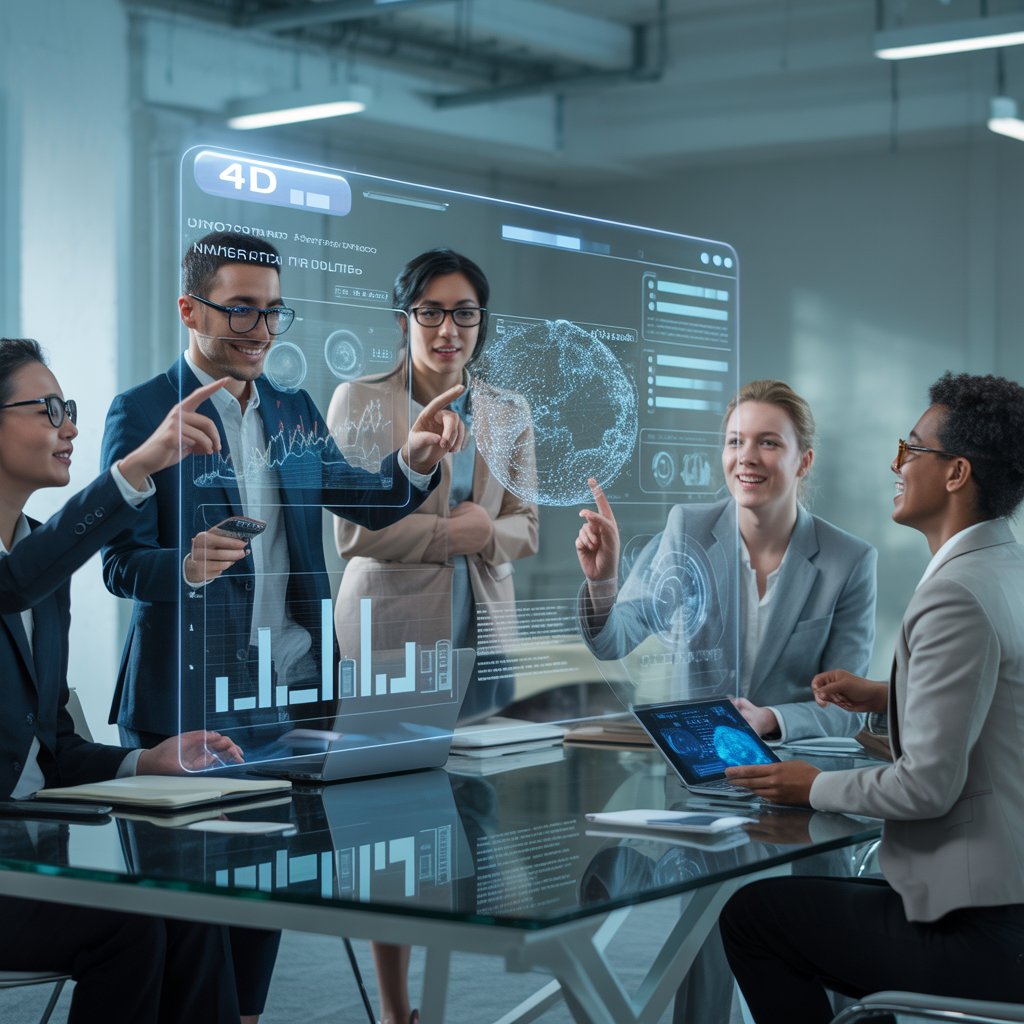 Business professionals interacting with a holographic 4D application interface displaying dynamic data visualizations in a modern office.