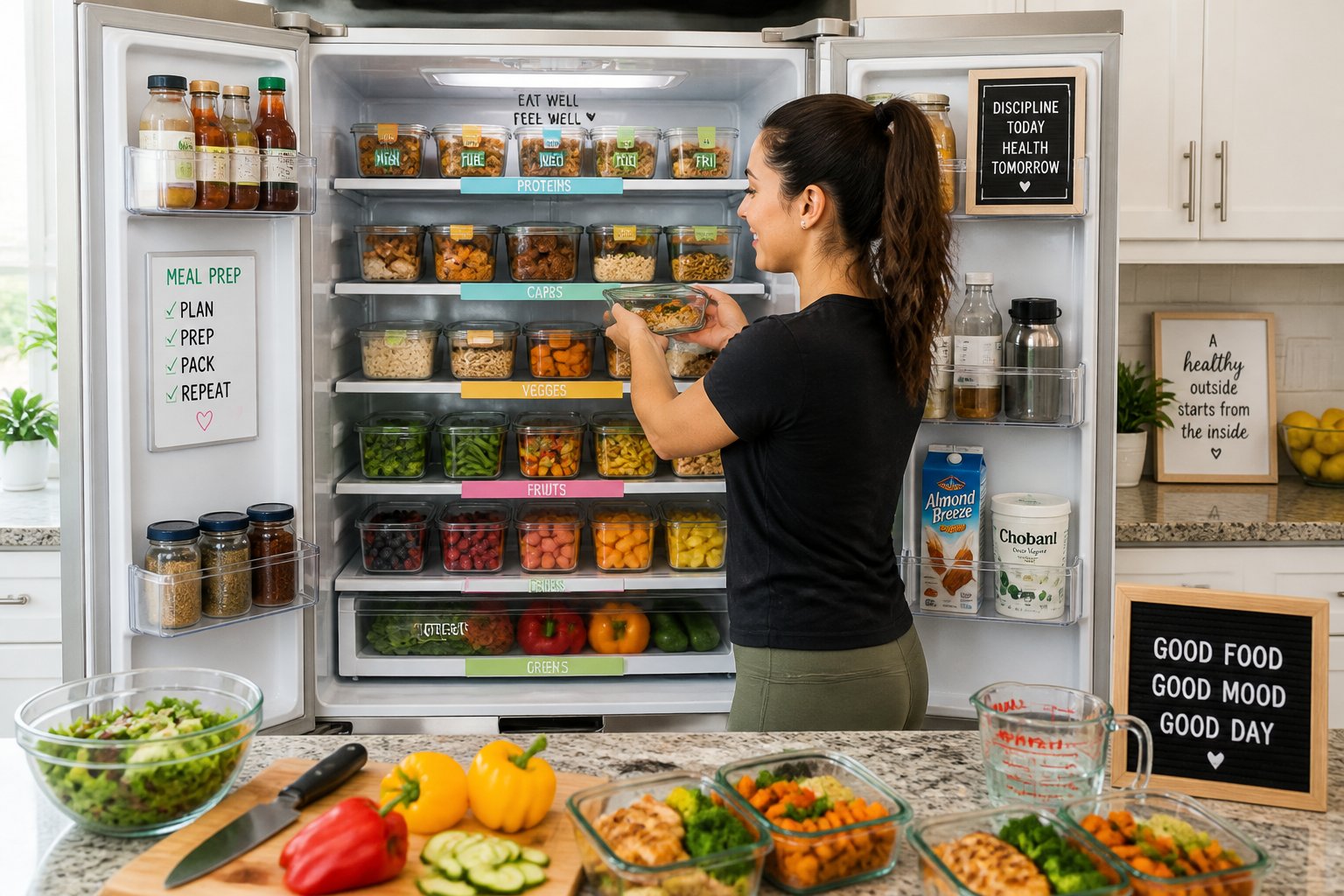An open refrigerator filled with organized containers of prepped meals and fresh produce, with a person placing a meal container inside.