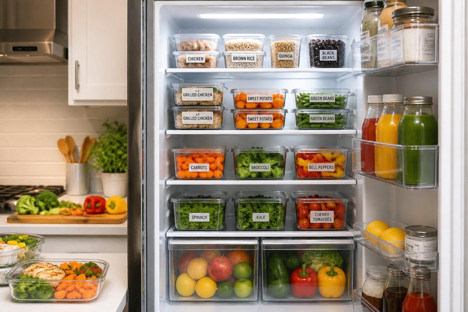 Open kitchen fridge neatly organized with clear containers of fresh vegetables, fruits, and pre-portioned meals.
