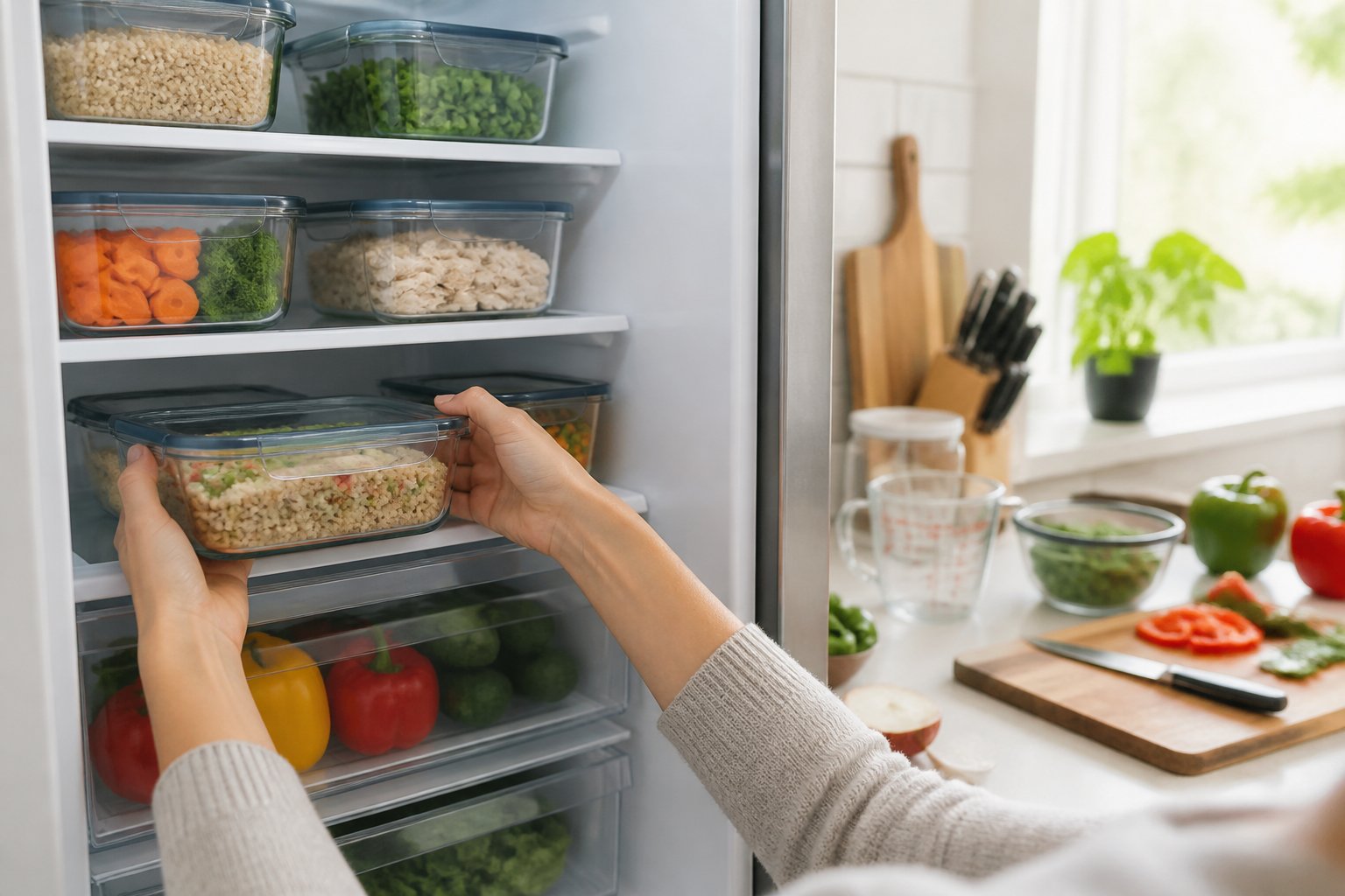Open organized refrigerator with clear containers of prepped meals and fresh ingredients, hands placing a container inside in a bright kitchen.