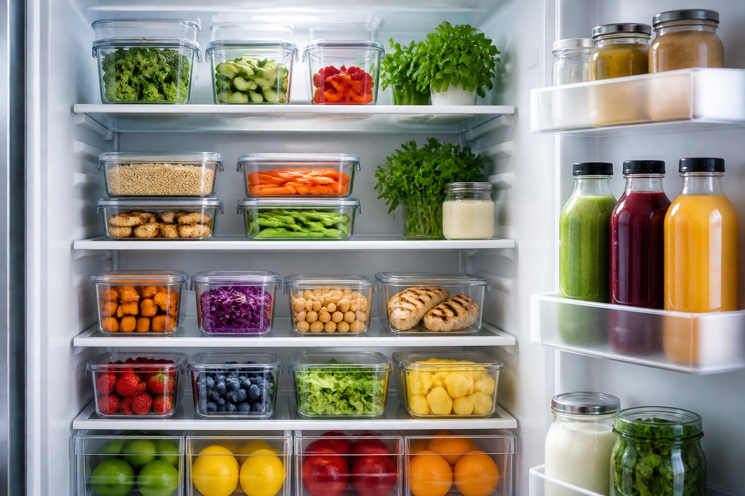 Open refrigerator with neatly organized clear containers of prepped food and fresh ingredients inside.