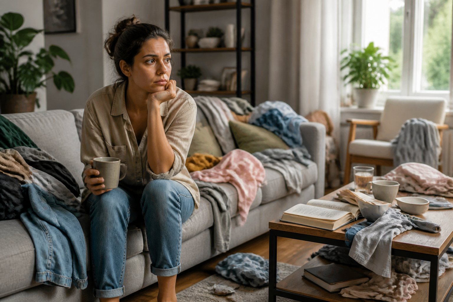 A young adult sitting thoughtfully in a living room with scattered clothes and household items around.