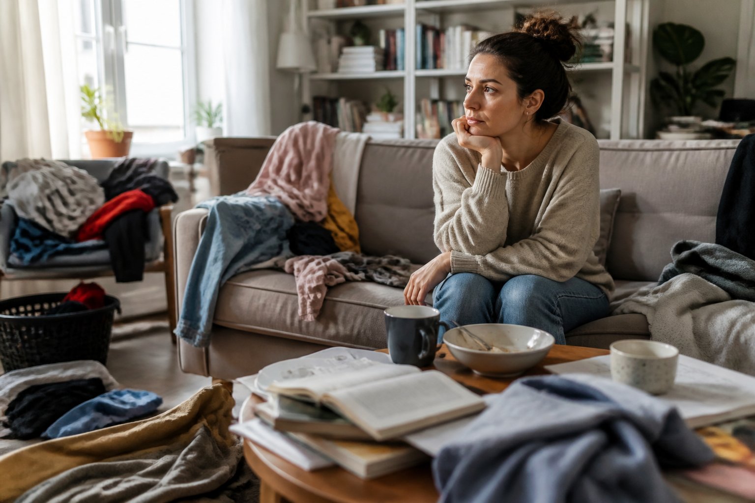 An adult sitting thoughtfully on a sofa in a cluttered living room with scattered clothes, books, and dishes.